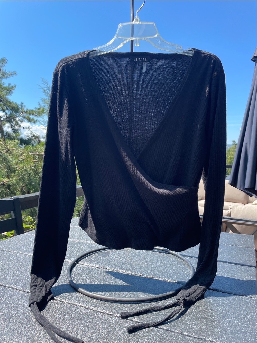 1. State Black Wrap Front Long Sleeve Top with Tie Cuffs